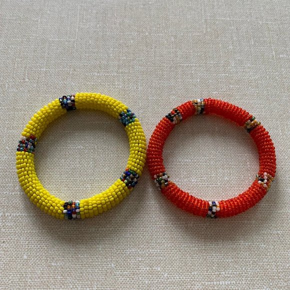 🌷3 for$25🌷2 African Style Beaded Orange & Yellow Bangle Seed Bead Bracelet - Picture 6 of 7